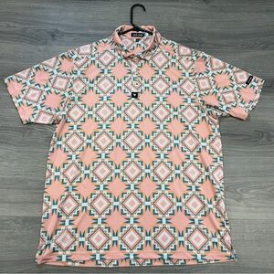 Bad Birdie Men's Aztec Geo Print Stretch Golf Polo Shirt Pink Green Large